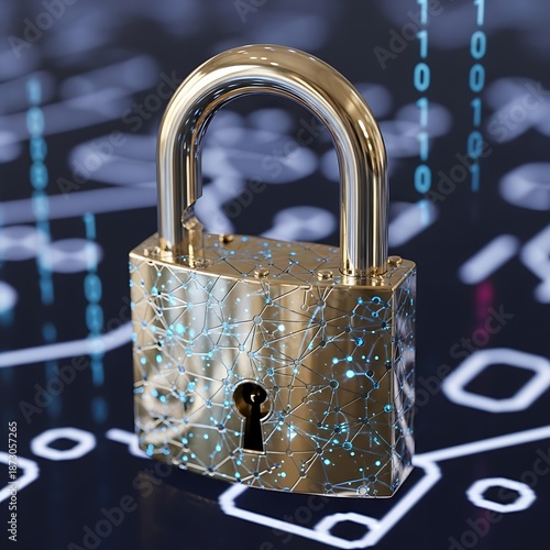 Golden digital padlock signifies futuristic cyber security and data protection.
