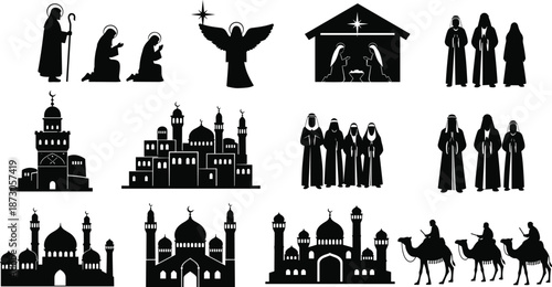 Religious Silhouette Vector Set Featuring Christian Nativity Scene, Islamic Mosque Architecture, Camel Caravan, Angel, and Wise Men for Spiritual Holiday Design
