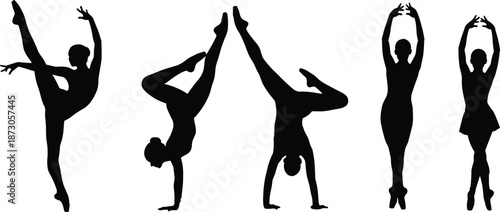 Artistic gymnastics and ballet dance silhouettes for performance sports training flexibility and athletic movement cad drawing flat vector illustration set