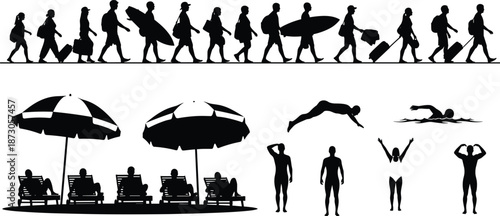Summer beach vacation silhouettes for travel tourism people walking with luggage swimming and sunbathing cad drawing flat vector illustration set