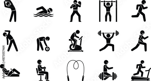 Collection of fitness and gym workout stick figure icons for sports training exercise health wellness cad drawing flat vector illustration set