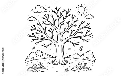 Whimsical line art drawing of a bare tree with a sunny sky and blooming flowers