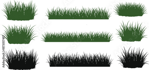 Collection of green and black grass tufts silhouettes for CAD drawing flat vector illustration landscaping architecture site plan and garden design