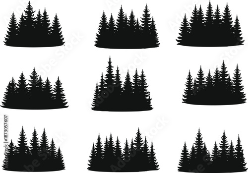 Collection of pine tree clusters for landscape architecture forest background site plan and garden design cad drawing flat vector illustration