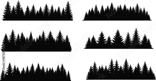Collection of pine tree forest silhouettes for landscape architecture site plan garden design and nature scenery cad drawing flat vector illustration