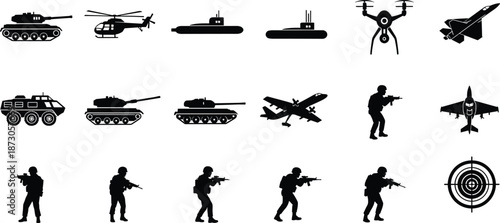 Military silhouette icons, tank, helicopter, drone, jet, submarine, soldier, rifle, target, aircraft, army, war, defense, combat, navy, air force, weapon, battlefield, tactical, black vector