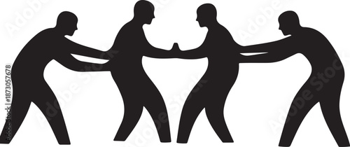 Silhouette of four men engaged in a fierce tug-of-war