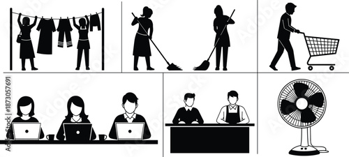Daily life activity silhouettes and line icons for housework office work shopping and home appliances cad drawing flat vector illustration set