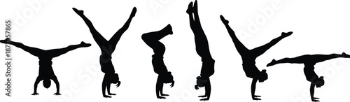 Gymnastics Silhouette Vector Set Featuring Female Athletes Performing Handstands, Acrobatics, Yoga Poses, and Athletic Stunts for Sports Fitness and Competitive Training Design