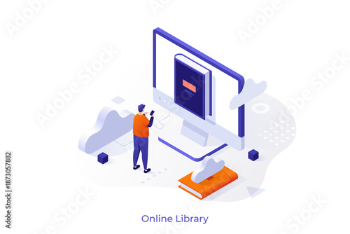 Concept with person standing in front of laptop and books. Scene for cloud library, global internet service for textbooks storage, electronic bookshelf. Isometric vector illustration.