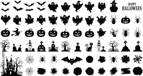 Halloween Silhouette Vector Set Featuring Spooky Ghosts, Pumpkins, Witches, Skeletons, Bats, Spiders, Haunted Castles, Graveyard Tombstones, and Scary October Party Design Elements
