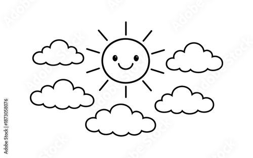 Cute cartoon sun with a happy face surrounded by fluffy clouds in a simple line art style