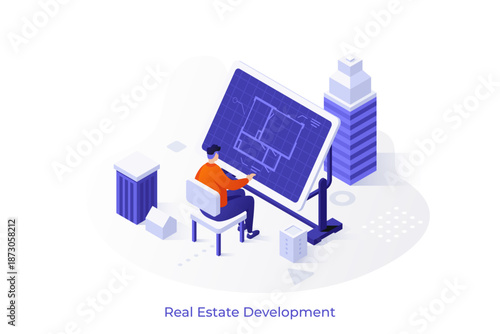 Architect designer working on interactive drawing board in agency. Real estate construction planning concept isometric vector illustration. Flat project developing cartoon character scene
