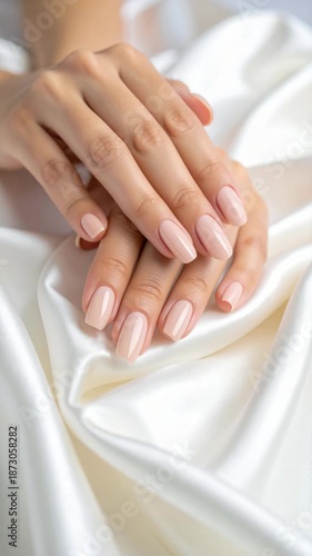 Wallpaper Mural Elegant Woman's Hands Displaying Beige Manicure Against Luxurious White Silk Background Torontodigital.ca