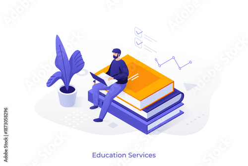 Student with laptop sitting on books stack at home. Education and knowledge sources concept isometric vector illustration. Entrepreneur studying on internet cartoon character scene