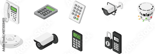 Security devices illustration, surveillance cameras, smoke detectors, digital keypad, wall telephone, calculator display, padlock system, communication tools, safety monitoring equipment