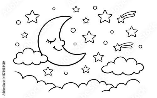 Cute crescent moon with closed eyes and smiling face surrounded by stars and clouds