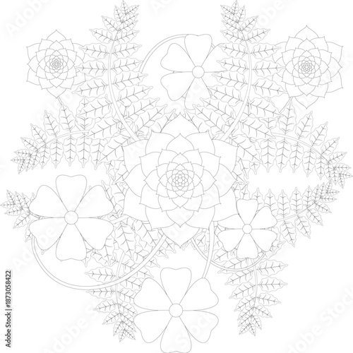 Adult Coloring Page, Delicate Floral Bouquet Mandala with Roses and Wildflowers, Intricate Botanical Line Art Pattern for Mindfulness, Relaxation, Stress Relief and Art Therapy