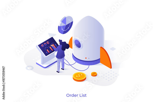 Woman analyzing data dashboard for business growth strategy using a rocket as a startup launch concept. Isometric vector illustration for project development.