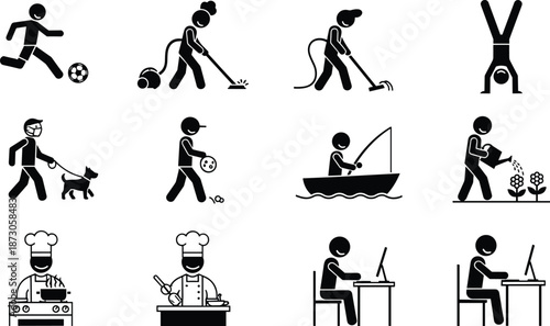 Silhouette activity icons, everyday tasks, sports recreation, household chores, computer work, cooking preparation, dog walking, fishing boat, leisure lifestyle illustration