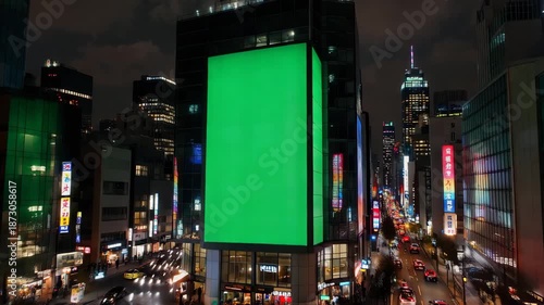City street at night with a large green billboard in times square area