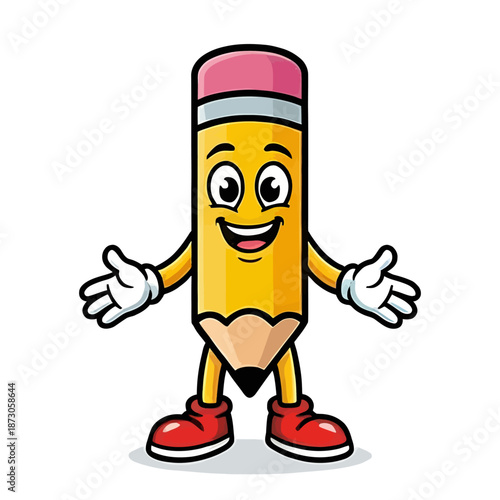 A cheerful cartoon pencil character with a smiling face and open arms, ready to draw or write