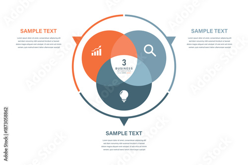 Modern Venn Diagram Infographic with Three Overlapping Circles and Business Icons for Workflow Presentation
