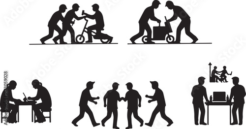 Silhouette illustrations of people in various daily life activities scenes