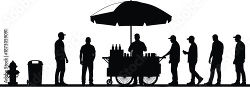 Street, vendor, cart, umbrella, people, silhouette, urban, scene, shopping, interaction, public, black, white, bottles, trash, hydrant, queue, mobile, illustration, everyday