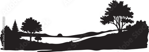 Serene landscape silhouette with trees and rolling hills scenery