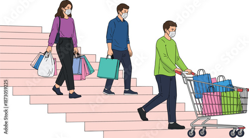 Shopping, masks, pandemic, people, bags, cart, staircase, safety, public, consumer, behavior, illustration, health, protection, motion, group, retail, face, silhouette, activity