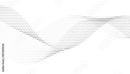 White abstract background with seamless gray flowing dot particles, wave pattern or halftone gradient curve shape. Vector concept of futuristic technology, science, music, modern.