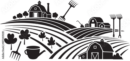 Farm Landscape with Barns and Agricultural Tools Silhouette Illustration