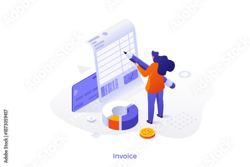 Isometric vector illustration with Woman holding giant pencil making entry on invoice document. Concept of accounting, financial management, budget planning, or tax calculation for web.