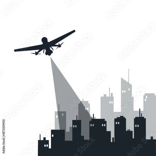 A sleek drone flying over a modern cityscape, utilizing its spotlight to survey urban architecture, representing advanced technology and aerial surveillance capabilities.