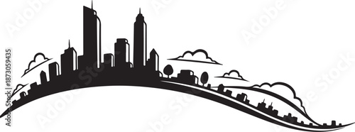City skyline silhouette with hill and trees in black