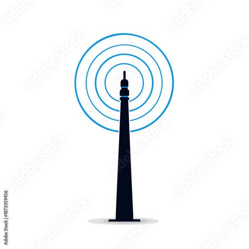 Stylized radio tower emitting signals with blue waves illustrated in a minimalist design, perfect for technology and communication-related projects and marketing campaigns.