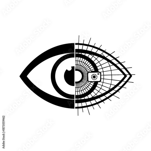 Stylized black and white eye illustration featuring a geometric design, perfect for technology and photography concepts, symbolizing vision and perception in modern art.