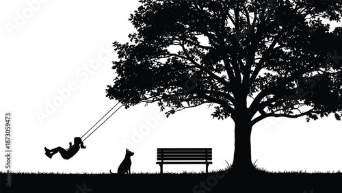 Swing, child, dog, tree, silhouette, bench, outdoor, nature, peaceful, black, white, grass, motion, sitting, foliage, companionship, leisure, calm, nostalgic, illustration