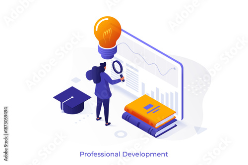 Isometric vector illustration with Woman researching information on a tablet screen with a magnifying glass, depicting professional development and learning. Self education concept for career growth.