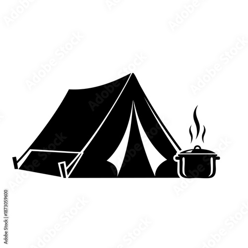 Stylish black camping tent with a pot on the stove is steaming, perfect for outdoor cooking enthusiasts ready for a weekend adventure in nature's embrace.