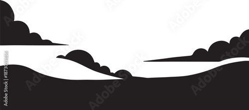 Minimalist black and white landscape with hills and clouds