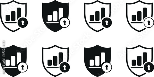 Black and white shield with bar graphs and keyhole