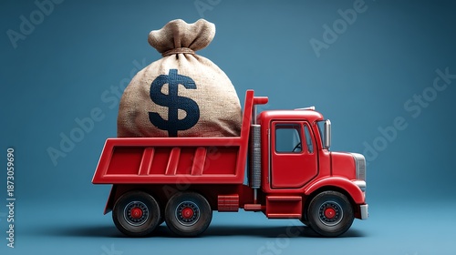 A red toy truck carrying a large sack of money against a solid blue background