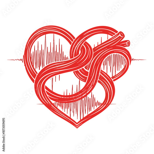 Creative illustration of intertwined red heart and soundwave design symbolizing love and emotion, ideal for romantic occasions or wellness themes.