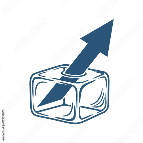 Creative illustration of an upward arrow emerging from a clear ice cube, symbolizing growth, innovation, and progress in a visually striking, conceptual design.