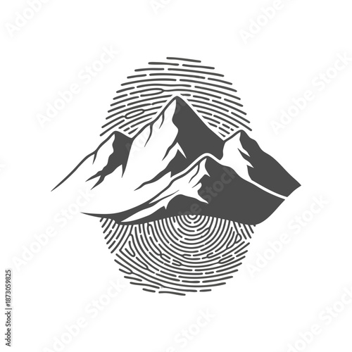 Stylized mountain landscape illustration in grayscale featuring a fingerprint design, perfect for outdoor adventure themes, nature conservation, and environmental awareness campaigns.