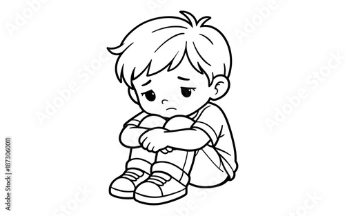 Sad cartoon boy sitting alone with knees hugged to chest, feeling lonely