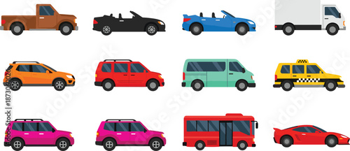 Vehicle collection illustration, pickup truck, convertible cars, delivery truck, SUV minivan, taxi cab, sports car, bus transport, automotive design reference