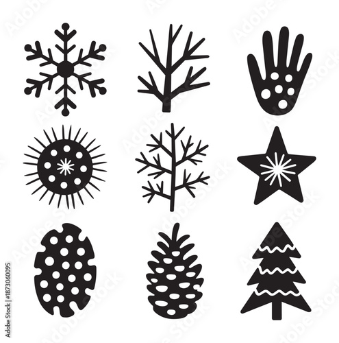 Black and white winter including snowflake tree branch hand sun star pinecone and christmas tree